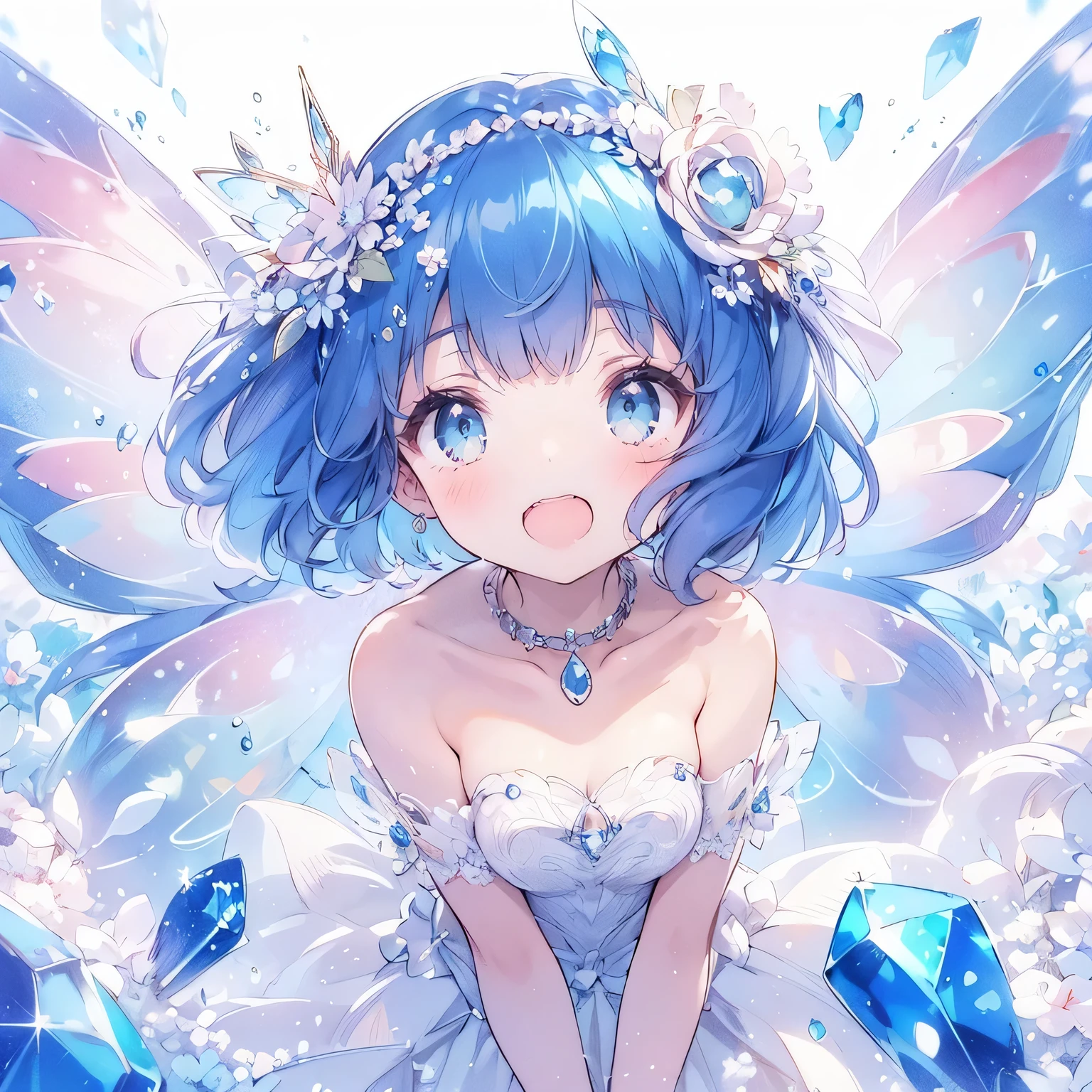 (Exquisite, beautiful, Very detailed, masterpiece, High resolution,high quality,High resolution),(Well-formed face,Soft and thin lines: 1.2, beautiful, Delicate and vivid illustrations with a mature and clear feel), Watercolor art style,The beautiful translucent lapis lazuli with butterfly-like wings is a little fairy princess flying in the sky with a smile in a lapis lazuli cave.,Lapis Lazuli Gemstones,(Transparent fairy wings grow from your back), (Dazzling Smile), (Lapis lazuli tiara, earrings and choker), Beautiful blue ball gown dress with lapis lazuli motif,Ribbons, lace and frills, (Pale pink blush, Plump pink lips,Large Bust,Fair skin, Good style),Bright colors,Eye-catching colors,Dynamic Angles,Dream Cute