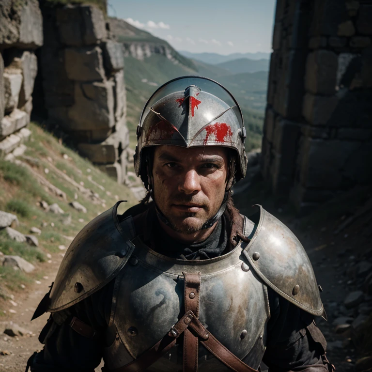 "8k" quality, the medieval knight alone on the  mountain is holding his own helmet, and that helmet is full of blood.