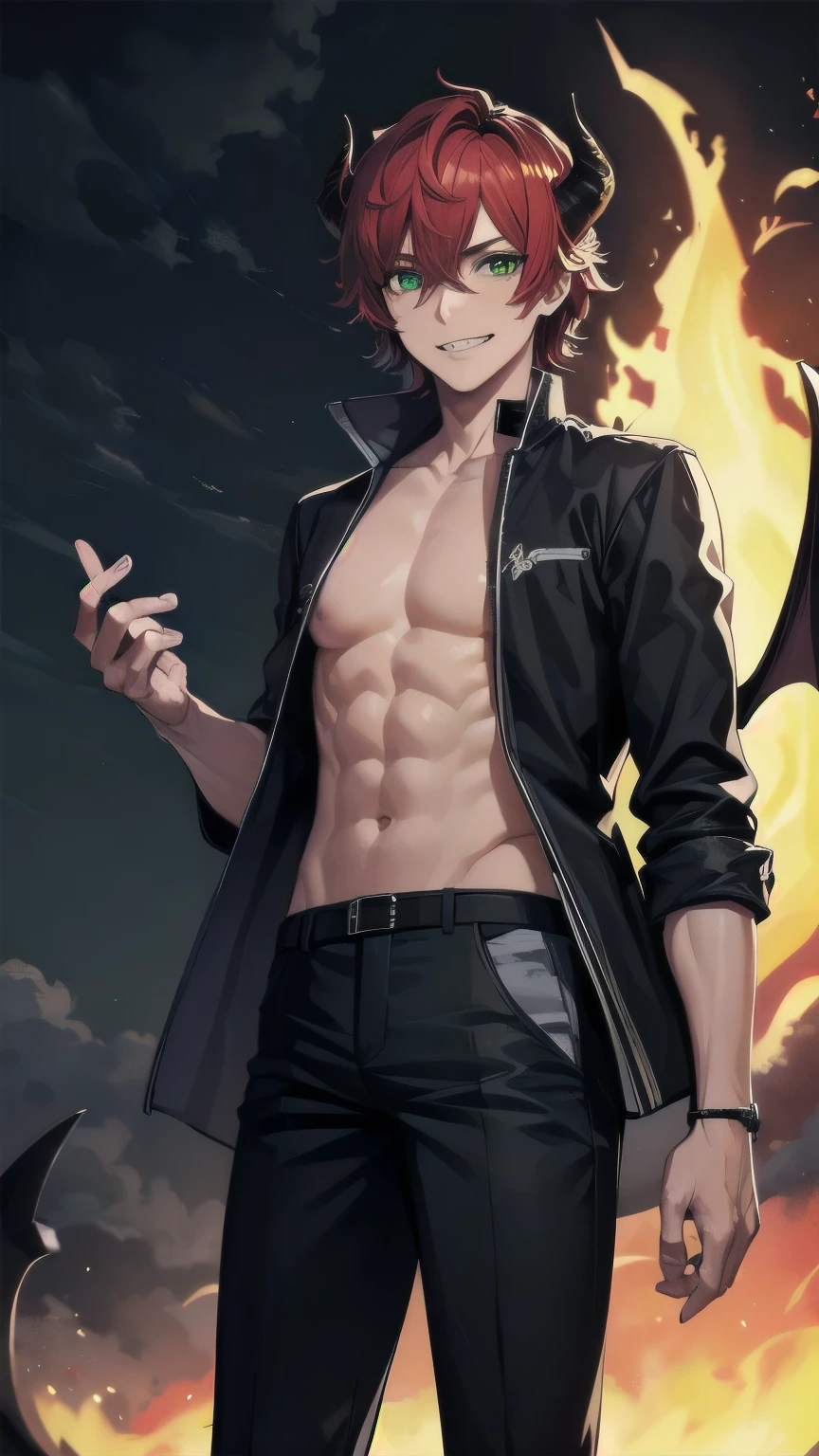 (masterpiece), ((sfw)), best quality, expressive eyes, perfect face, mature male, (1boy, adult Man, young adult, young man), solo, red hair BREAK bob cut, green eyes BREAK demon boy, horns and wings, topless male, black pants BREAK (hell), dark clouds, dark sky, (fire scenery), standing, glaring, grin, looking at viewer, (tanned male)