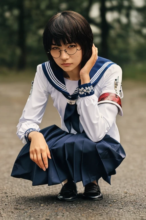 (masterpiece, best quality, beautiful quality, photorealistic, looking at viewer, detailed lighting, extremely detailed skin, extremely detailed hair, extremely detailed teeth, shadows, 8k:1.2), 1girl, glasses, school uniform, front view, slim body, full body view, squatting socks,shoes
