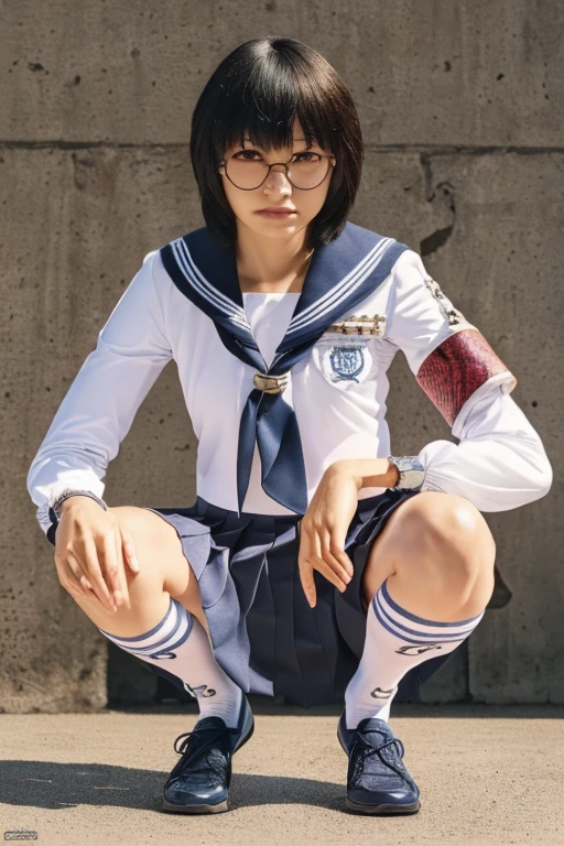 (masterpiece, best quality, beautiful quality, photorealistic, looking at viewer, detailed lighting, extremely detailed skin, extremely detailed hair, extremely detailed teeth, shadows, 8k:1.2), 1girl, glasses, school uniform, front view, slim body, full body view, squatting socks,shoes