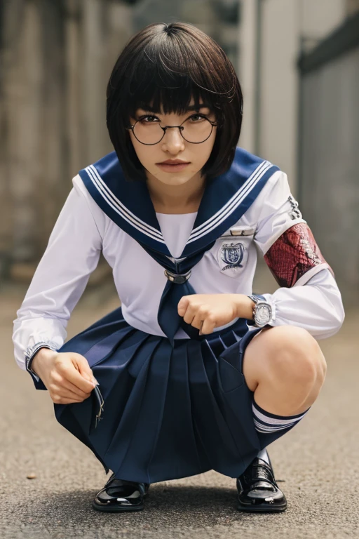 (masterpiece, best quality, beautiful quality, photorealistic, looking at viewer, detailed lighting, extremely detailed skin, extremely detailed hair, extremely detailed teeth, shadows, 8k:1.2), 1girl, glasses, school uniform, front view, slim body, full body view, squatting socks,shoes