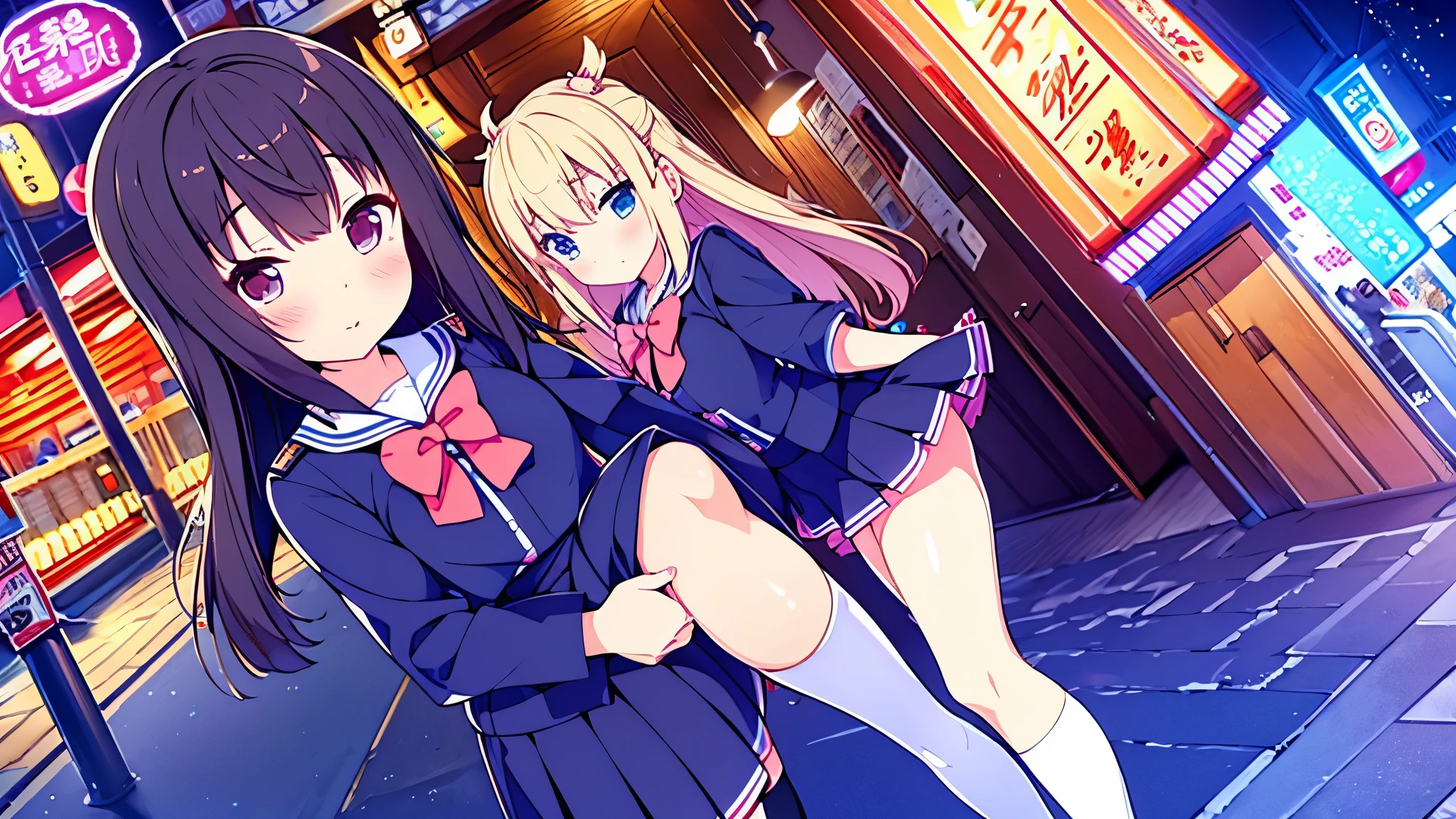 high-angle shot、Center view、Two arafe asian women in short skirts and bow ties standing on neon street in the middle of the night、Phenomenally cute 、Japan Girl Uniform、summer clothing、Wearing Japan 、Japan School Uniforms、a hyperrealistic 、Dressed as a 、a hyperrealistic 、Wearing a uniform、Girl in Uniform、Wearing a uniform、 Pose、full body Esbian、Nice skin、glistning skin、lovely thighs、glowing thigh、Sparkling leg rack above knee socks、High School in Japan 、Nogizaka Idol、Korean Idol、Invite you inside、Inviting eyes NSFW