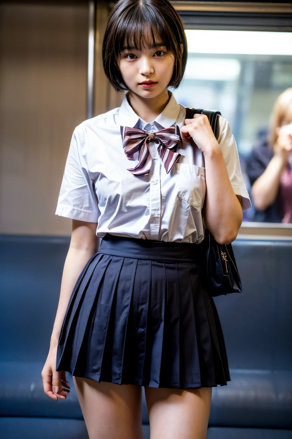 (8K、Raw photo、highest quality、masterpiece:1.2)、(realistic、Photoreal)、1 girl,(High school girl pulls up her skirt on the train and shows off your panties:1.6)、(cute face:1.3)、Japanese 1 girl,(Japan High School Girl)、(1 real high school girl)、(Japan High School Uniforms:1.6),small breasts,perfect skin,detail skin,(cute girl,short hair:1.7)