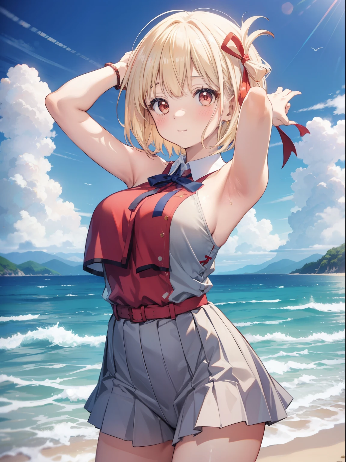 Chisato Nishikigi、Good looking girl (Short blonde hair with square bangs, Big Red Eyes, Red ribbon,blush, Perfect Face), independent , looking at the camera, masterpiece, Anime art style, Cute Characters, Most detailed, high quality、Nico Nico Smile、セクシーなビキニ👙を着ている、Playing in the sea、Showing armpits