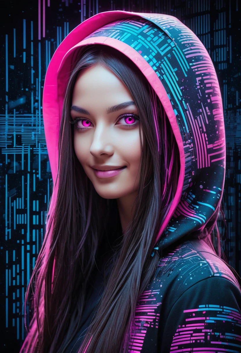 Detailed background, masterpiece, best quality, Paper-cut art: Beautiful model portrait made from cybernetic digital binary barcode data, Futuristic Makeup, Floating long hair, Smile, accessories, hood, Neon Pink, Graffiti, night, Bright Eyes, Starlight