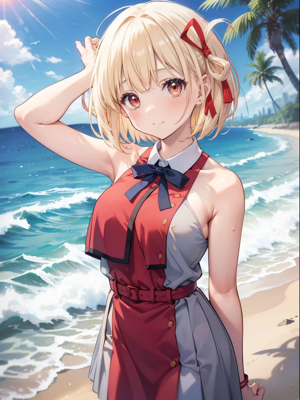 Chisato Nishikigi、Good looking girl (Short blonde hair with square bangs, Big Red Eyes, Red ribbon,blush, Perfect Face), independent , looking at the camera, masterpiece, Anime art style, Cute Characters, Most detailed, high quality、Nico Nico Smile、セクシーなビキニ👙を着ている、Playing in the sea、Showing armpits