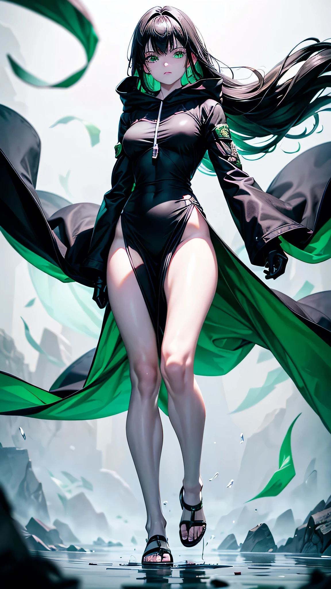 Floating eyeballs and green floating hands. Zombielike sleepy 18 year old girl with pale white skin, really long smooth silk black hair with really long bangs covering her right eye, sharp glowing green emerald eyes with bags underneath, a muscularly lean and slim body, wearing a black and white war dress with a black hoodie, with doctor like weapons, standing in a white background. War surgeon. Disease god. Fullbody. Muscular arms and muscular legs. Green eyes. Mature. Exhausted eyes. Black gloves. Floating green eyes and floating green hands. Right eye is not visible