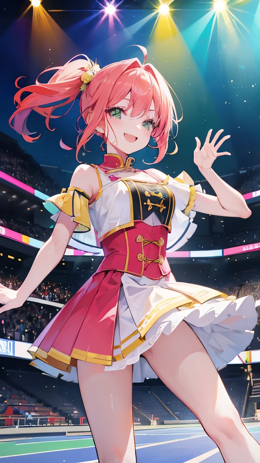Five Girls, Idol Group, (Jumping), close your eyes, (smile) (Hand in hand), Raise your hand in the air, Pink Short Hair, Long yellow ponytail, Long bright green hair, Red Long Twin Tails, Long Blue Hair, Idol Costumes, 大きなsmile, (Colouful Concert Stage View), Super sharp, 8k, masterpiece