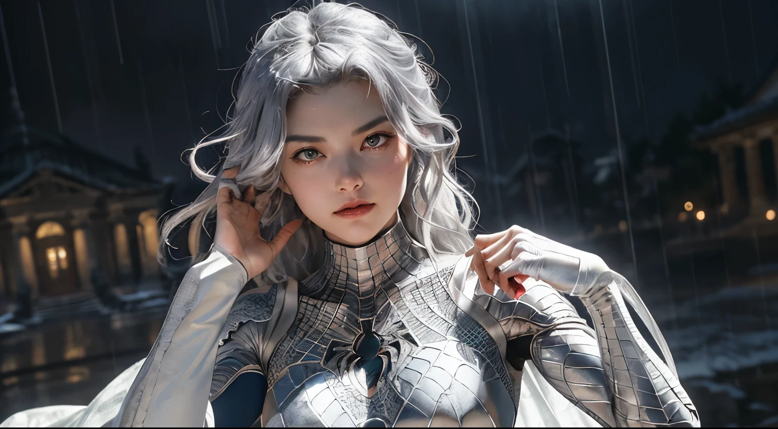 (Extreme Detail CG Unity 8K wallpaper, masterpiece, highest quality), (Exquisite lighting and shadow, highly dramatic picture, Cinematic lens effect), a beautiful girl in a white Spider-Man costume, silver gray hair color, long hair, from the Spider-Man parallel universe, Wenger, Marvel, Spider-Man, in the ancient temple, in the rain, very beautiful face, silver claws, dynamic pose), (excellent detail, excellent lighting, wide angle), (excellent rendego on ancient temple, enough to stand out in its class), focus on white Spider-Man costumes, complex spider textures