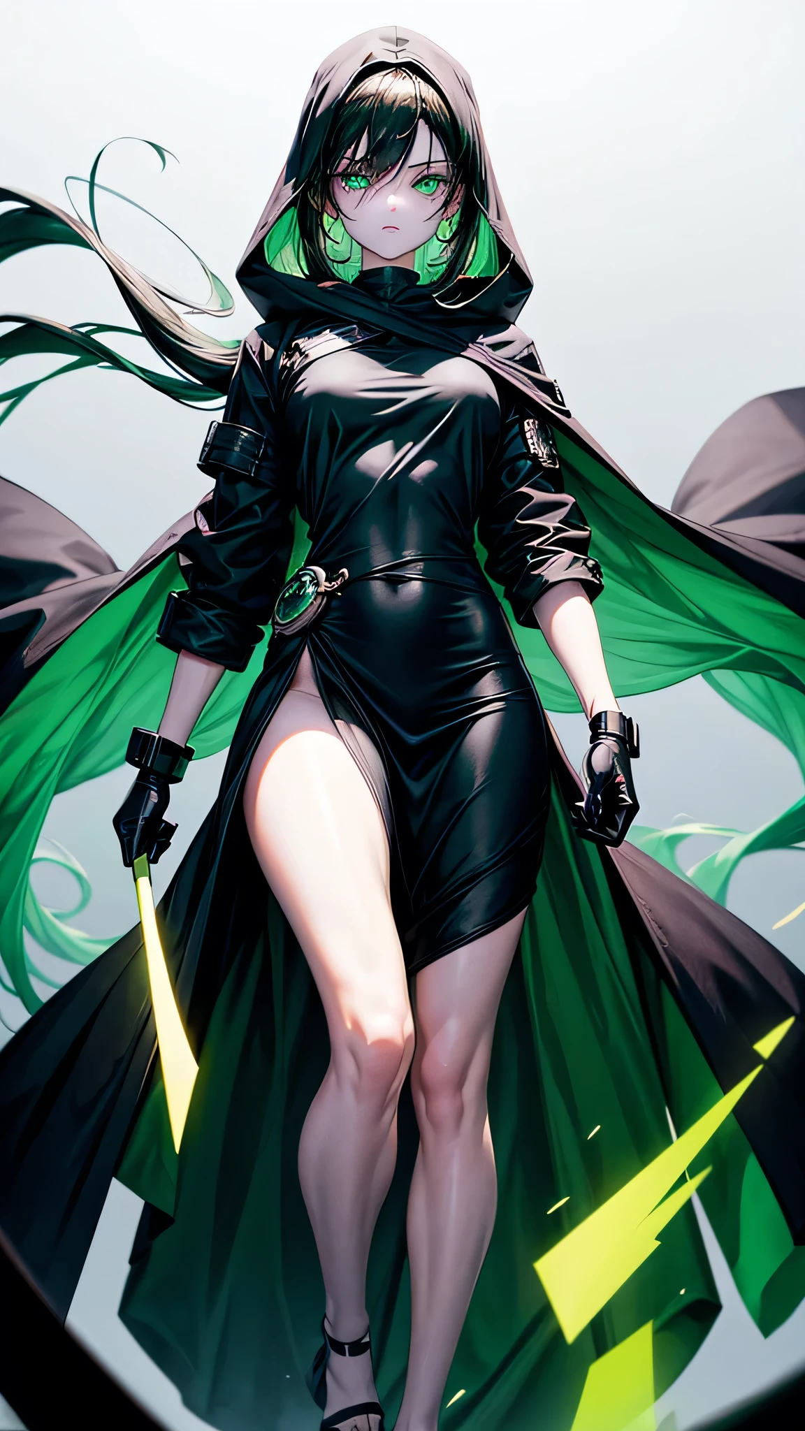 Floating eyeballs and green floating hands. Zombielike sleepy 18 year old girl with pale white skin, really long smooth silk black hair with really long bangs covering her right eye, sharp glowing green emerald eyes with bags underneath, a muscularly lean and slim body, wearing a black and white war dress with a black hoodie, with doctor like weapons, standing in a white background. War surgeon. Disease god. Fullbody. Muscular arms and muscular legs. Green eyes. Mature. Exhausted eyes. Black gloves. Floating green eyes and floating green hands. Right eye is not visible