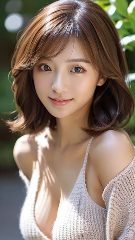 Japanese 、(Random Hairstyles:1.2)、Cleavage:1.2、Super detailed face、Attention to detail、double eyelid、Put your chest together、Sharp focus:1.2、Beautiful woman:1.4、Light brown hair、highest quality、masterpiece、超A high resolution、(Photorealistic:1.4)、Highly detailed and professionally lit smile、Loose, lightweight knitwear、Shoulder out、thin、Serious expression、Short-haired、Deadly position