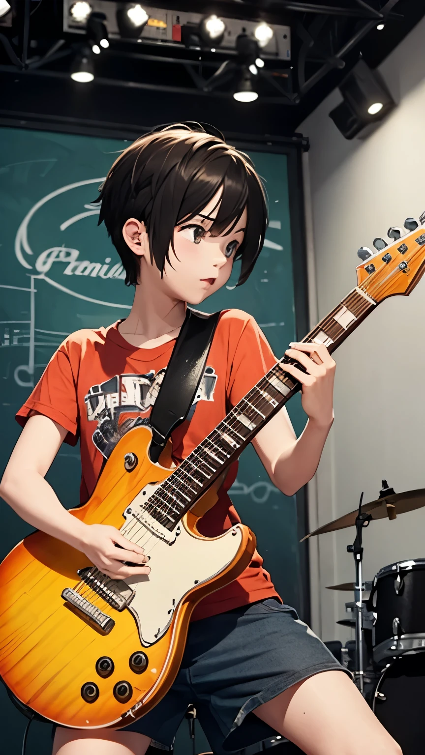 Pop punk band in studio; Tomboy with a guitar; Boy playing drums