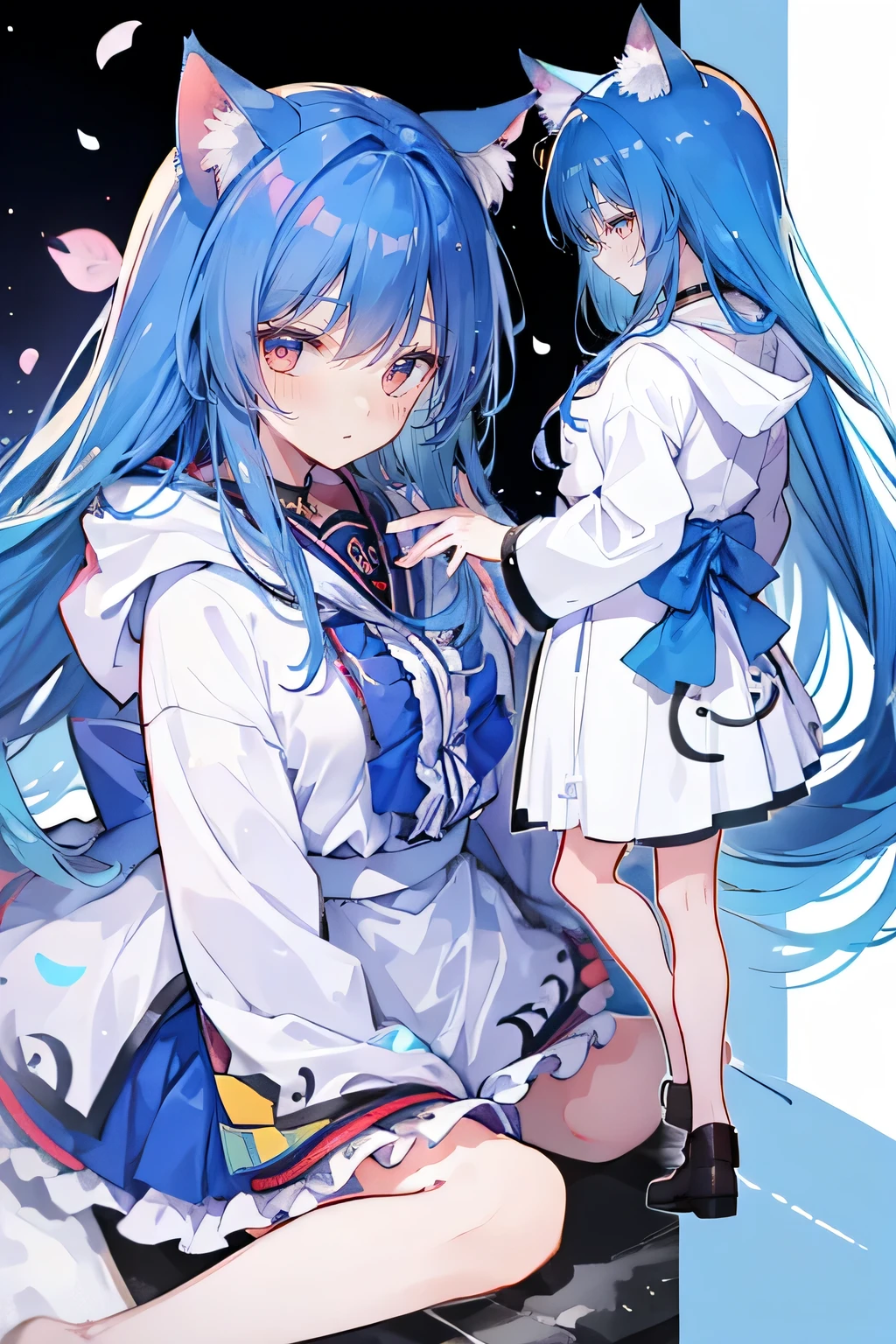 (masterpiece:1.2),Super detailed,lifelike,Expressive eyes,fair skin,perfect face shape,1 girl,
Japanese comics,Gorgeous blue hair,flowing blue hair,flowing clothes,Cat ears,Petals fall,beautiful lola,Baby Angel,
Shaking head with one hand,Cross your legs,Gentle and peaceful background,The pavilion is cool and comfortable,smile, wearing hoodie, background of tokyo,back views,snowing, winter.