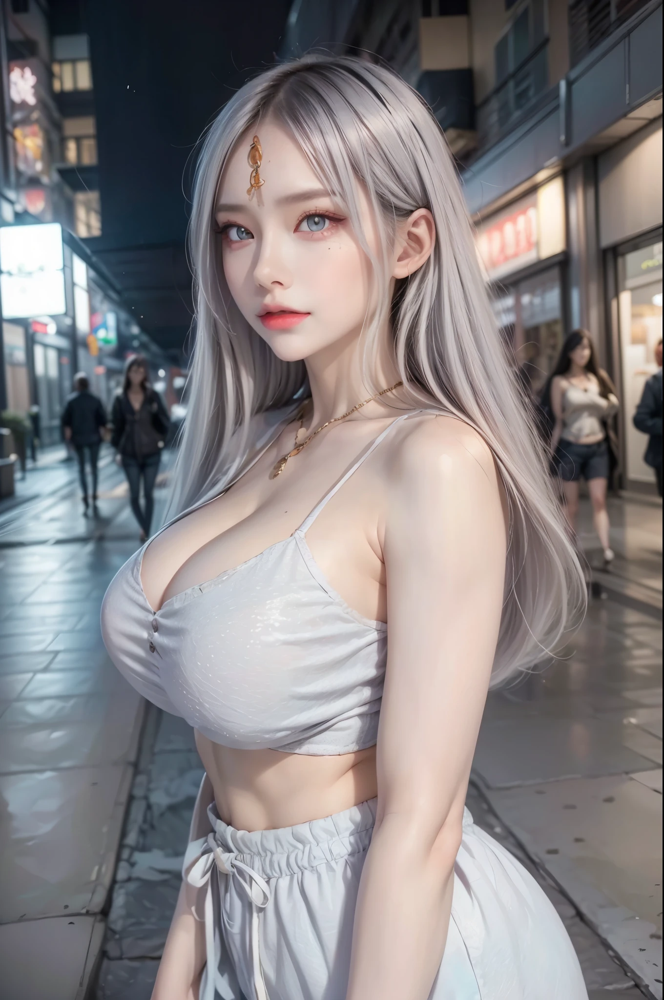 realistic, 1 women, best quality, 12k, HD, long hair, big round breasts, cleavage, ponytail, necklace, jewelry, shorts, short jacket, slim hips, hair tie, yellow eyes, black hair, super detailed, Eye details, hair details, person details, mouth details, face details, breast details, clothes details, hair details, pants details, hand details, whole body