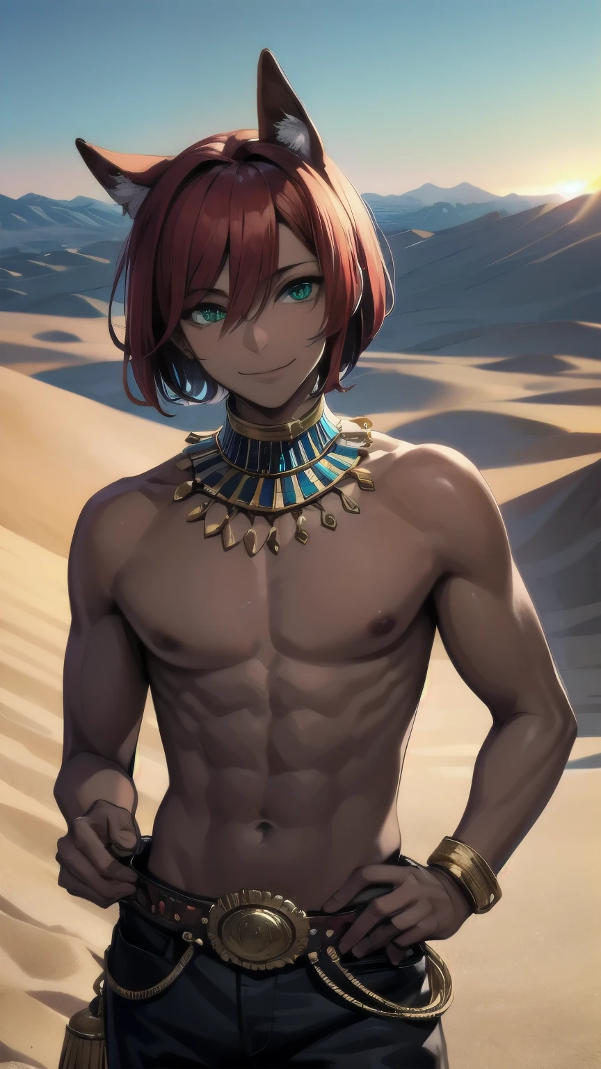 (masterpiece), ((sfw)), best quality, expressive eyes, perfect face, mature male, (1boy, adult Man, young adult, young man), solo, red hair BREAK bob cut, green eyes BREAK (pharaoh), jewerly, standing, egyptian clothes, topless male, smile, closed mouth, looking at viewer, desert, sand, landscape, day, outdoors, dark skinned male