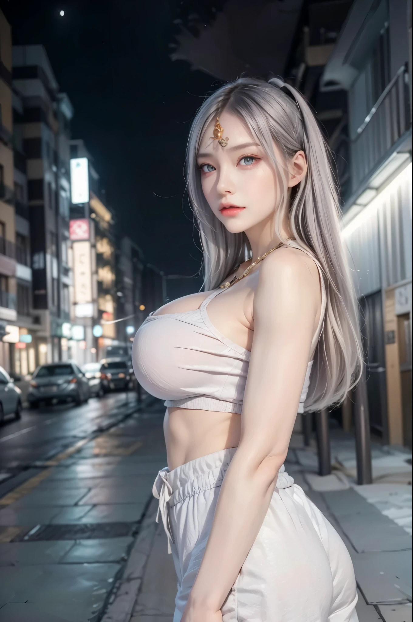 realistic, 1 women, best quality, 12k, HD, long hair, big round breasts, cleavage, ponytail, necklace, jewelry, shorts, short jacket, slim hips, hair tie, yellow eyes, black hair, super detailed, Eye details, hair details, person details, mouth details, face details, breast details, clothes details, hair details, pants details, hand details, whole body