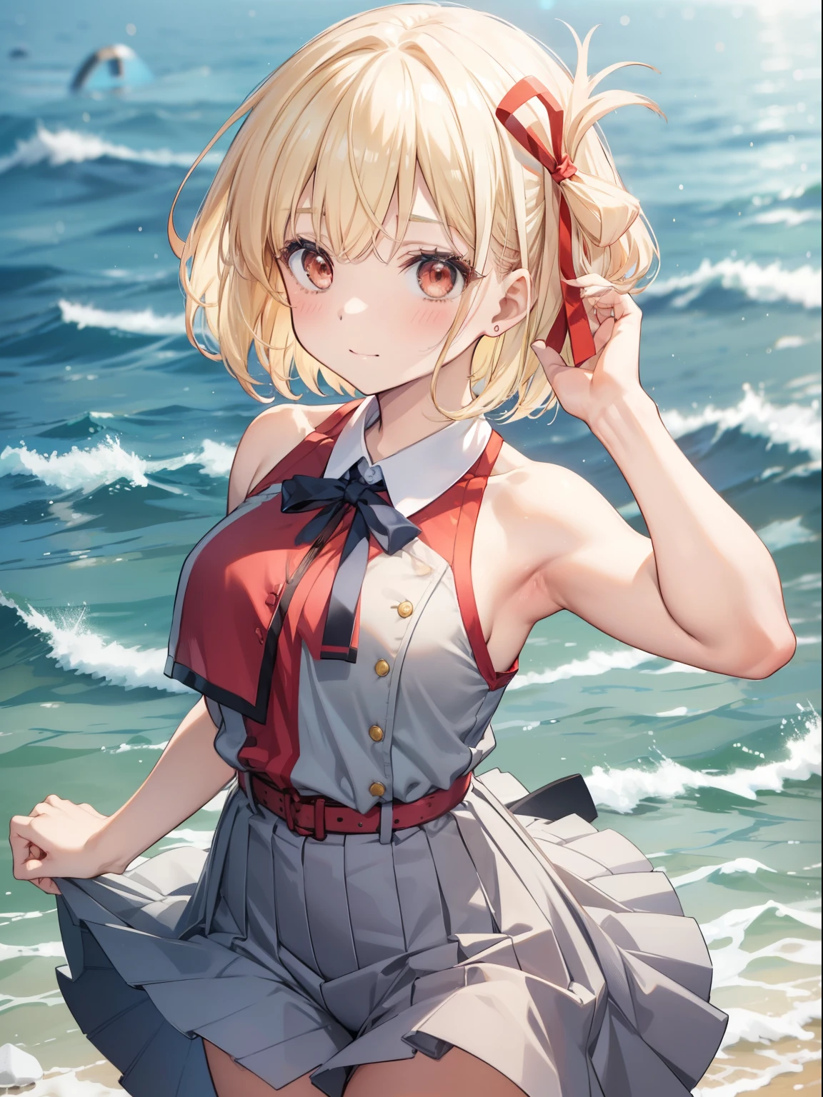 Chisato Nishikigi、Good looking girl (Short blonde hair with square bangs, Big Red Eyes, Red ribbon,blush, Perfect Face), independent , looking at the camera, masterpiece, Anime art style, Cute Characters, Most detailed, high quality、Nico Nico Smile、セクシーなビキニ👙を着ている、Playing in the sea、Showing armpits