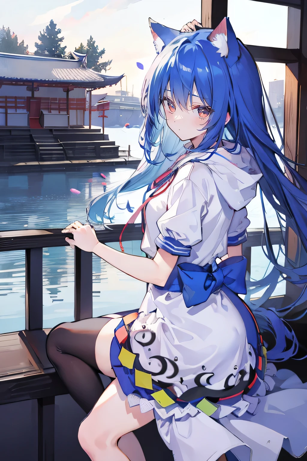 (masterpiece:1.2),Super detailed,lifelike,Expressive eyes,fair skin,perfect face shape,1 girl,
Japanese comics,Gorgeous blue hair,flowing blue hair,flowing clothes,Cat ears,Petals fall,beautiful lola,Baby Angel,
Shaking head with one hand,Cross your legs,Gentle and peaceful background,The pavilion is cool and comfortable,smile, wearing hoodie, background of tokyo,back views,snowing, winter.