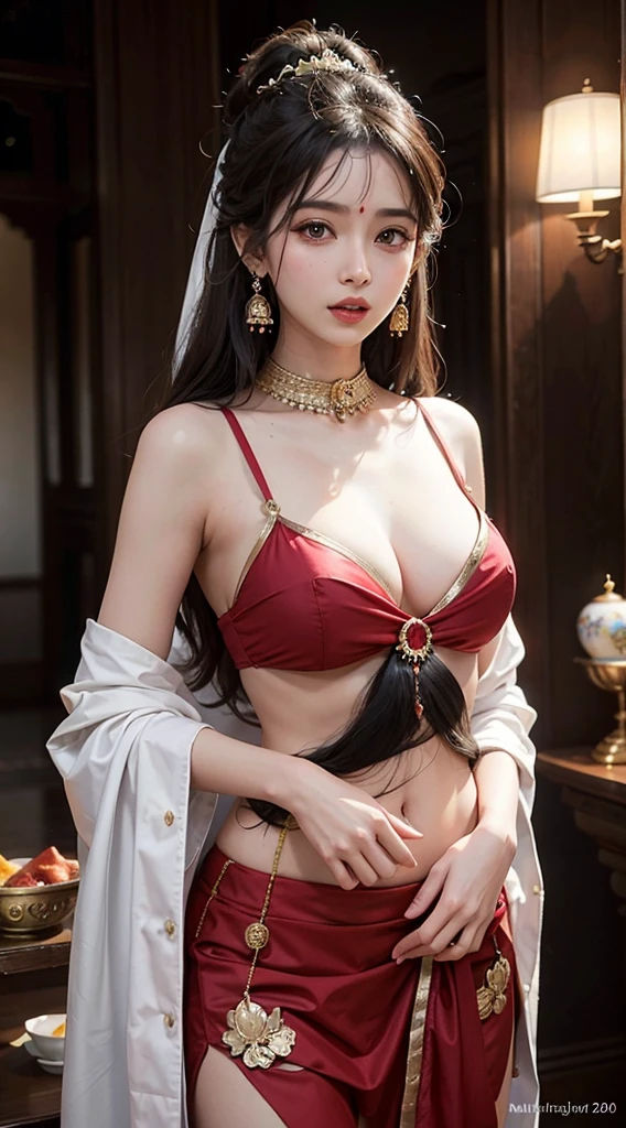 Une femme en sari posant pour une photo, Indian, traditional beauty, Indien, beautiful girl, red Ornate Cosplay, en tailleur, Super mannequin indien, Belle jeune fille, femme magnifique, Asie du Sud-Est avec Long, Indien provocateur, magnifique belle femme, Tenue complexe, Hindu aesthetics, belle fille asiatique, Extremely detailed shot of the girl, jaw dropping beauty, Big breasts deep neckline sexy navel