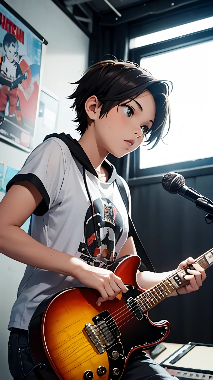 Pop punk band in studio; Tomboy with a guitar; Boy playing drums