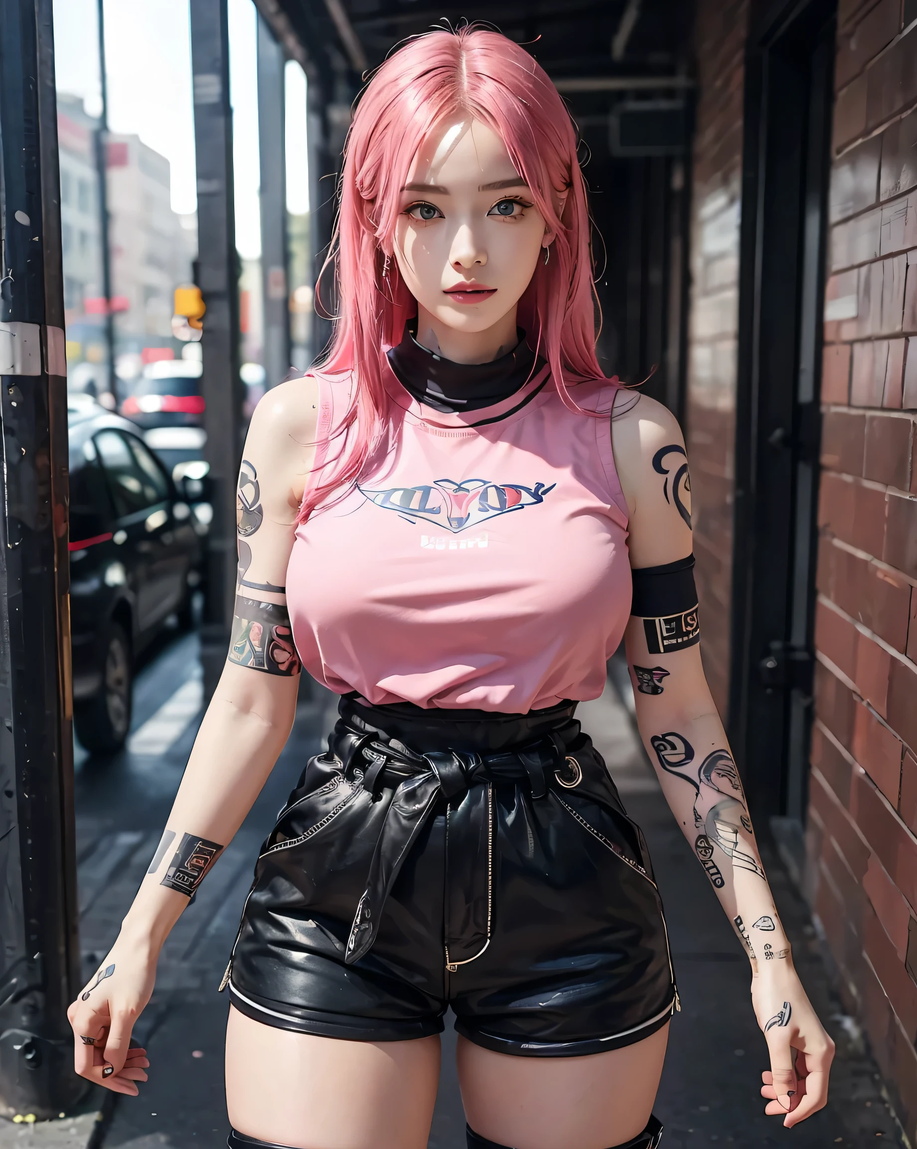 Perfect Style, Beautiful Face, Highly detailed face and skin texture, (Maximum resolution: 1.2), 1 female, alone, Hip Up, jewelry, (((He has many tattoos all over his body)), Streetwear, Play sports often, Pink Hair, Shorts, Sports boots, (((Tight waist))), ((Big Breasts))