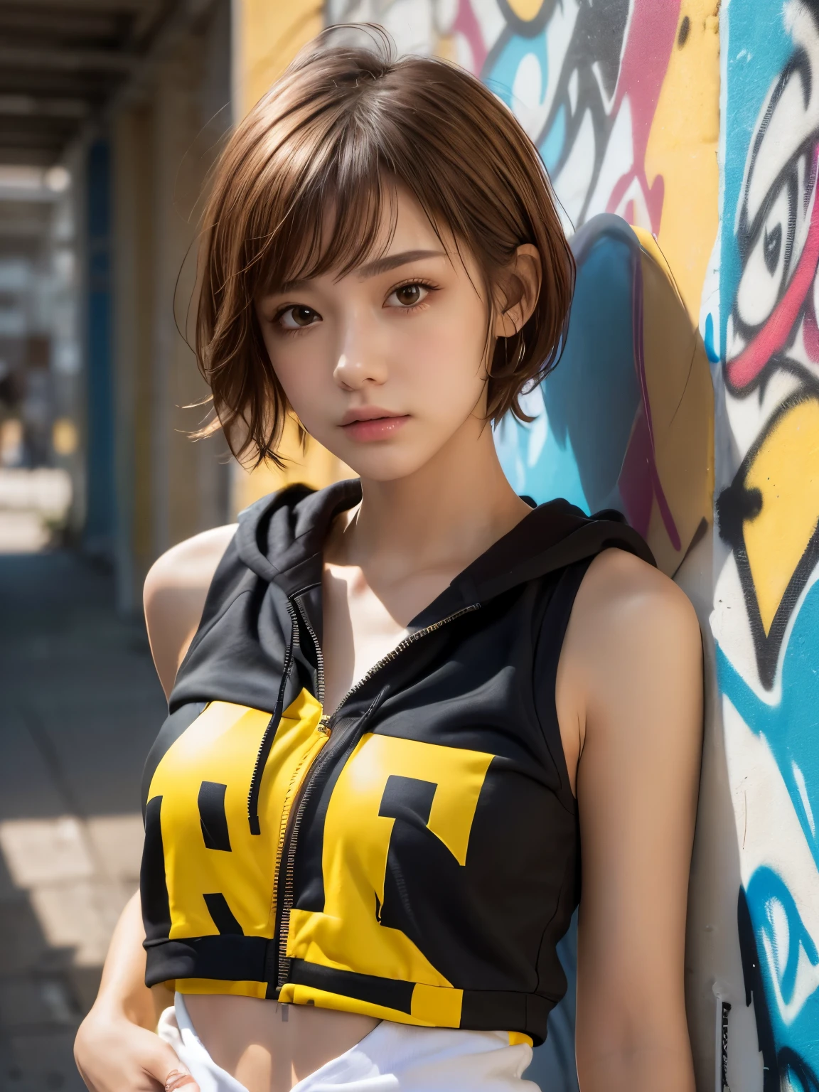 masterpiece, highest quality, Super detailed, 8k, Photorealistic, One girl, alone, Tomboy, Super detailed face, (head shot:1.5), Upper Body, Standing in front of a wall covered in hip hop graffiti, Light brown pixie cut hair, He is wearing a short black tank top and an unzipped yellow hoodie., Reach into your hoodie pocket