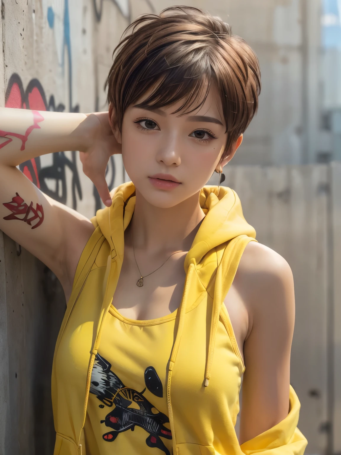 masterpiece, highest quality, Super detailed, 8k, Photorealistic, One girl, alone, Tomboy, Super detailed face, (head shot:1.5), Upper Body, Standing in front of a wall covered in hip hop graffiti, Light brown pixie cut hair, He is wearing a short black tank top and an unzipped yellow hoodie., Reach into your hoodie pocket