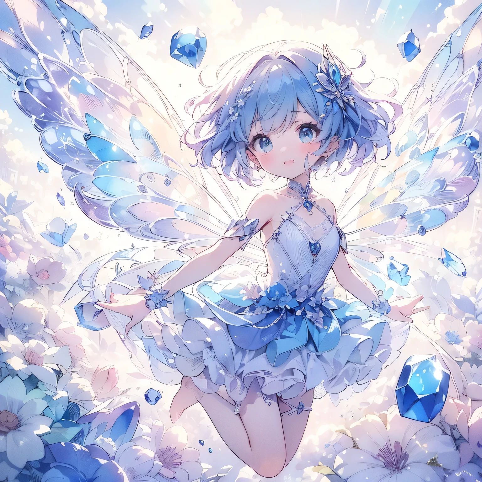(Exquisite, beautiful, Very detailed, masterpiece, High resolution,high quality,High resolution),(Well-formed face,Soft and thin lines: 1.2, beautiful, Delicate and vivid illustrations with a mature and clear feel), Watercolor art style,The beautiful translucent lapis lazuli with butterfly-like wings is a little fairy princess flying in the sky with a smile in a lapis lazuli cave.,Lapis Lazuli Gemstones,(Transparent fairy wings grow from your back), (Dazzling Smile), (Lapis lazuli tiara, earrings and choker), Beautiful blue ball gown dress with lapis lazuli motif,Ribbons, lace and frills, (Pale pink blush, Plump pink lips,Large Bust,Fair skin, Good style),Bright colors,Eye-catching colors,Dynamic Angles,Dream Cute