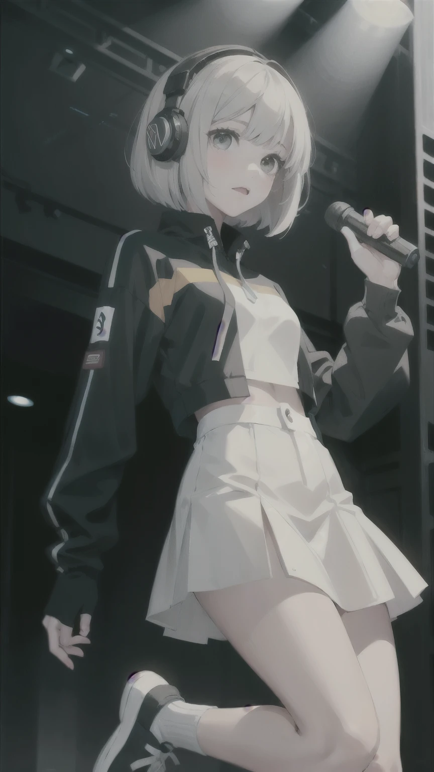 One girl, play_electronic_guitar, full_body, Bobcut, Wearing headphones, Take to the stage, masterpiece, highest quality, Realistic, 8k