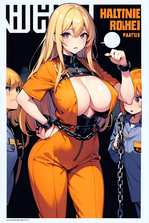 Long blonde hair, handcuffed, arrested, mature female, milf, big breasts ,40 years old , mommy character, orange prison jumpsuit, prisoner, waist chain, restraints 