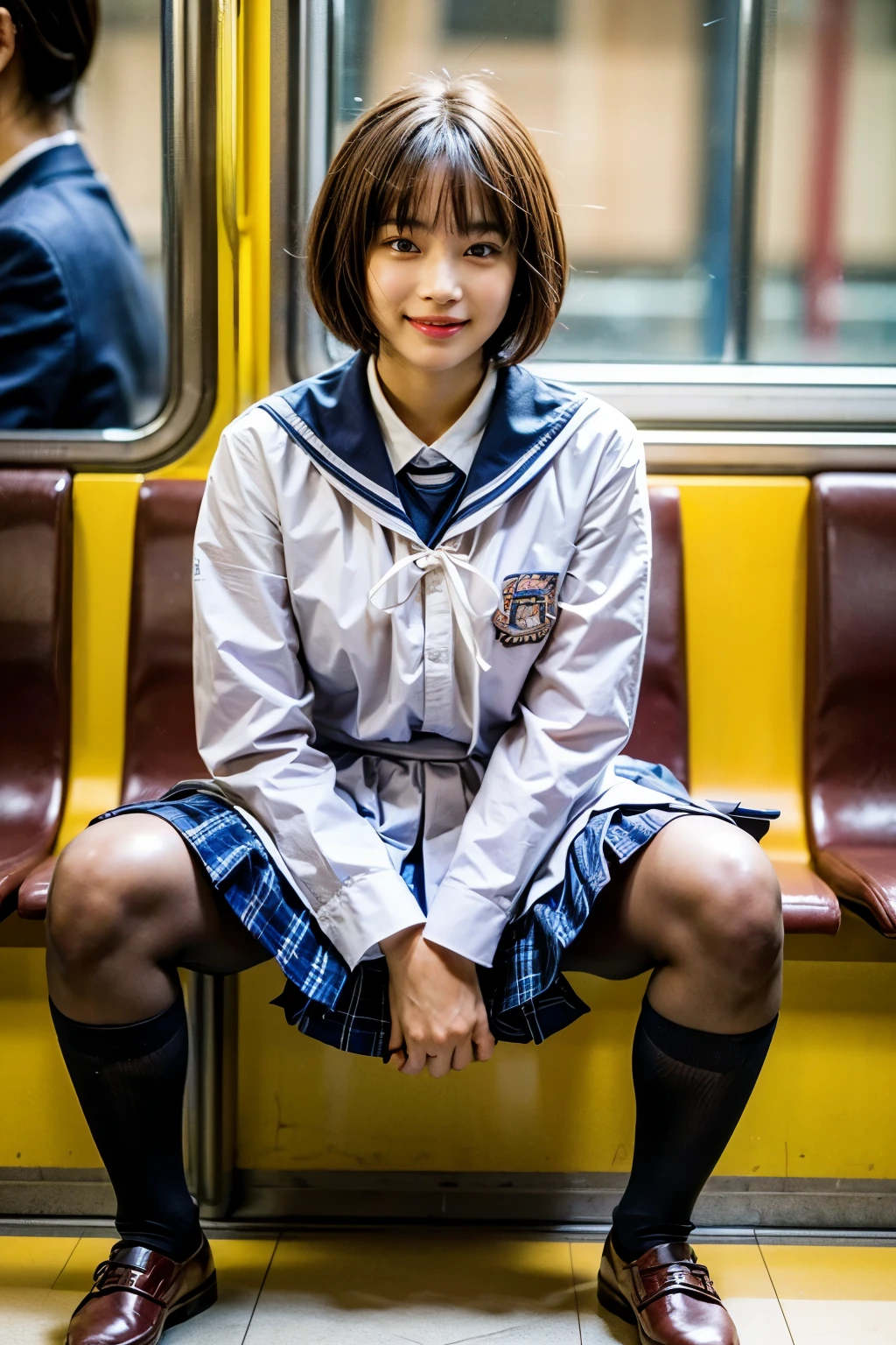 (8K、Raw photo、highest quality、masterpiece:1.2)、(realistic、Photoreal)、1 girl,(A high school girl squats and spreads her legs on the train:1.6)、(cute face:1.3)、Japanese 1 girl,(Japan High School Girl)、(1 real high school girl)、(Japan High School Uniforms:1.6),small breasts,perfect skin,detail skin,(cute girl,short hair,Lewd smile,Lewd pose:1.7),little smile