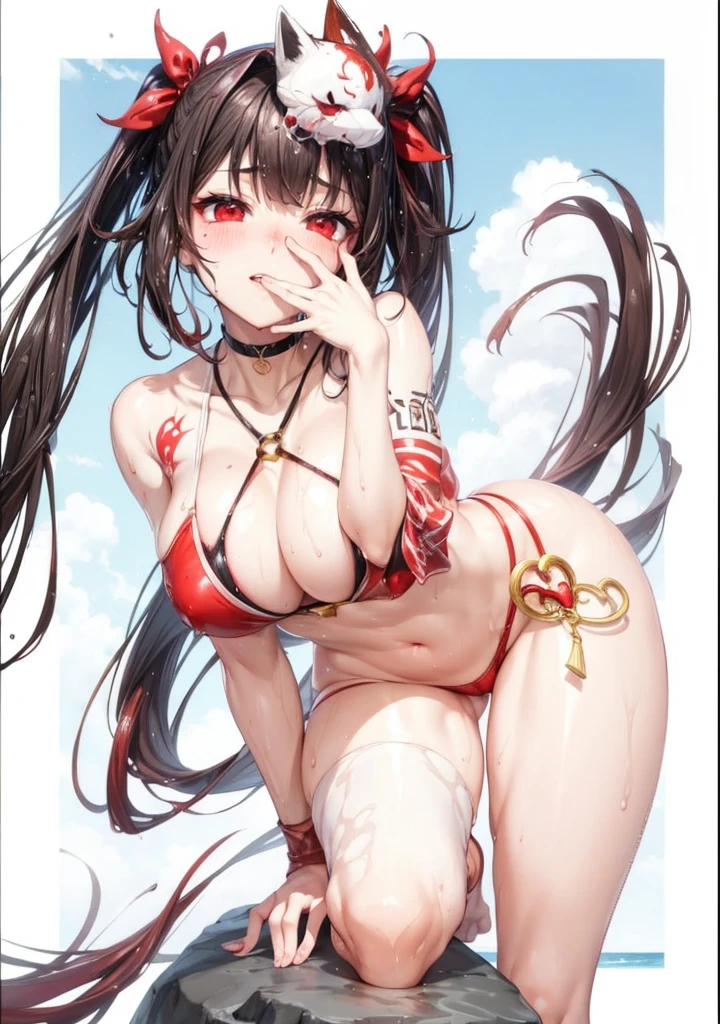 red leg tattoo, perfect body,((wet body)),red eyes, steam, heart of eye ,wet clothes,wet,blush on, ((legwear))