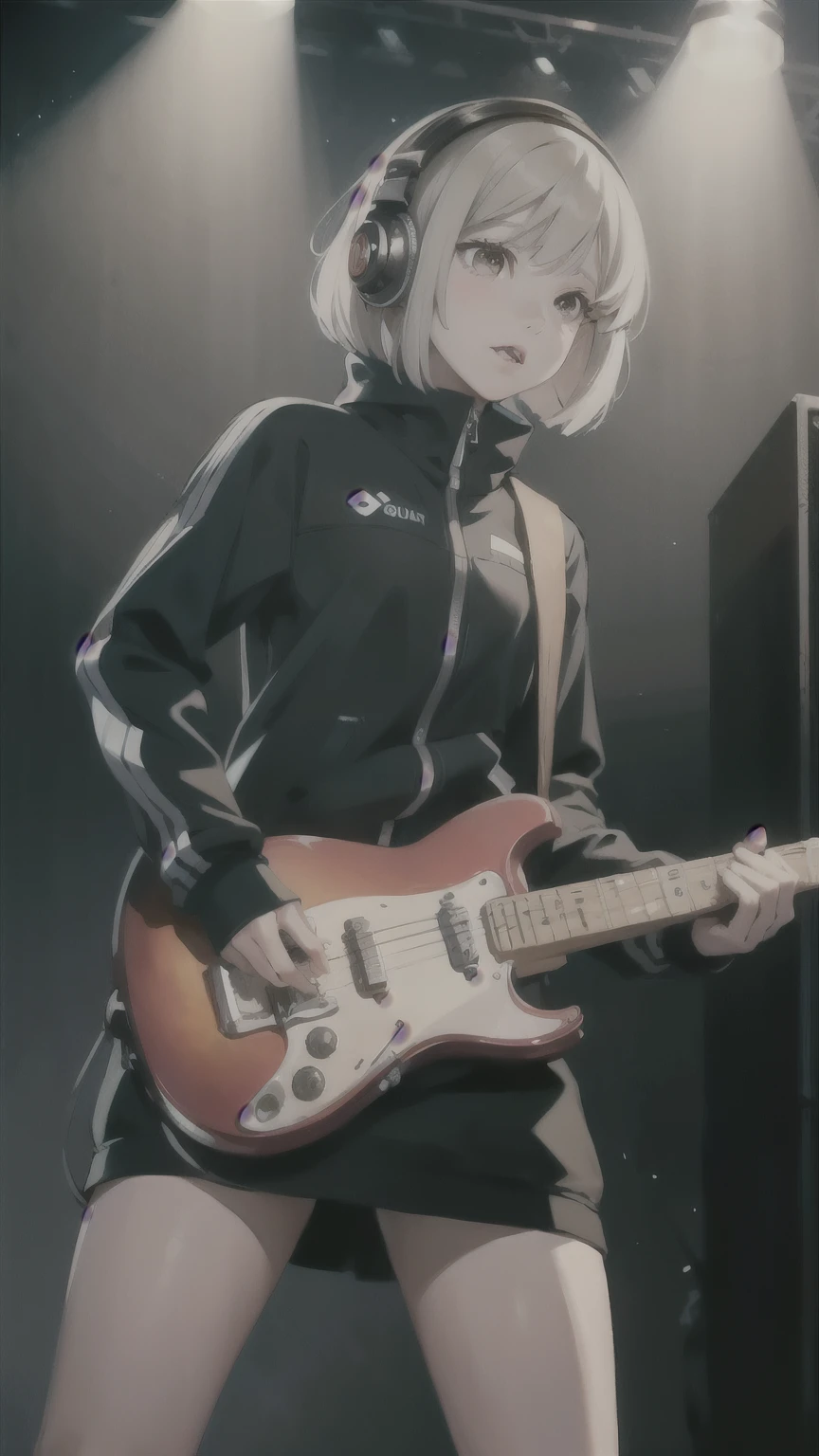 One girl, play_electronic_guitar, full_body, Bobcut, Wearing headphones, Take to the stage, masterpiece, highest quality, Realistic, 8k