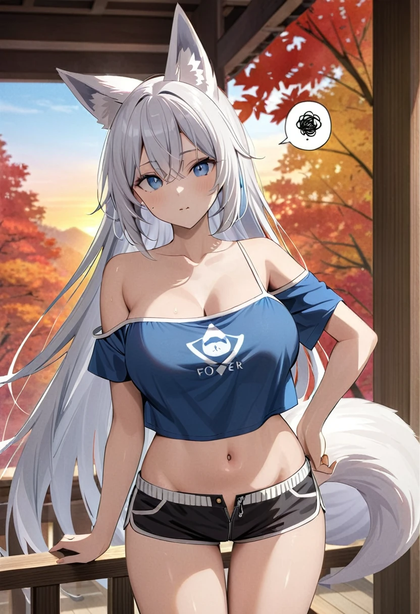 breasts, looking at viewer, blue eyes, large breasts, simple troubled eyebrows, shirt, Stomach,architecture, Blue sky, (autumn forest:1.2), wooden building, Kiyomizu-dera Temple, balconies, Blue sky, crystal clear skies, Blurry background, longshot, Standing, Sunset, Thighs Thighs Thighs\), Twilight,navel, animal ears, hair between eyes, bare shoulders, very long hair, standing, collarbone, tail, white hair, short sleeves, thighs, cowboy shot, shorts, sleeveless, midriff, off shoulder, stomach, mole, crop top, animal ear fluff, hand on hip, bare arms, fox ears, short shorts, sleeveless shirt, leaning forward, fox tail, black shorts, blue shirt, fox girl, strap slip, crop top overhang, squiggle, hand on own thigh, micro shorts, spoken squiggle, mole on thigh、、confused