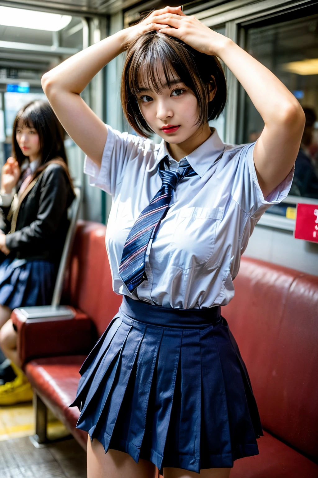 (8K、Raw photo、highest quality、masterpiece:1.2)、(realistic、Photoreal)、1 girl,(High school girl pulls up her skirt on the train and shows off your panties:1.6)、(cute face:1.3)、Japanese 1 girl,(Japan High School Girl)、(1 real high school girl)、(Japan High School Uniforms:1.6),small breasts,perfect skin,detail skin,(cute girl,short hair,Touching head with hands:1.7)