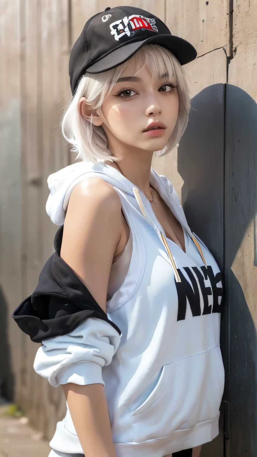 masterpiece, highest quality, Very detailed, 8k, Realistic, One Girl, alone, Tomboy, Very detailed face, (head shot:1.5), Standing in front of a wall covered in hip hop graffiti, Pixie cut white hair, He is wearing a short tank top and an open-zipped hoodie..,I can see your chest,Nice ass,Wear a New Era cap