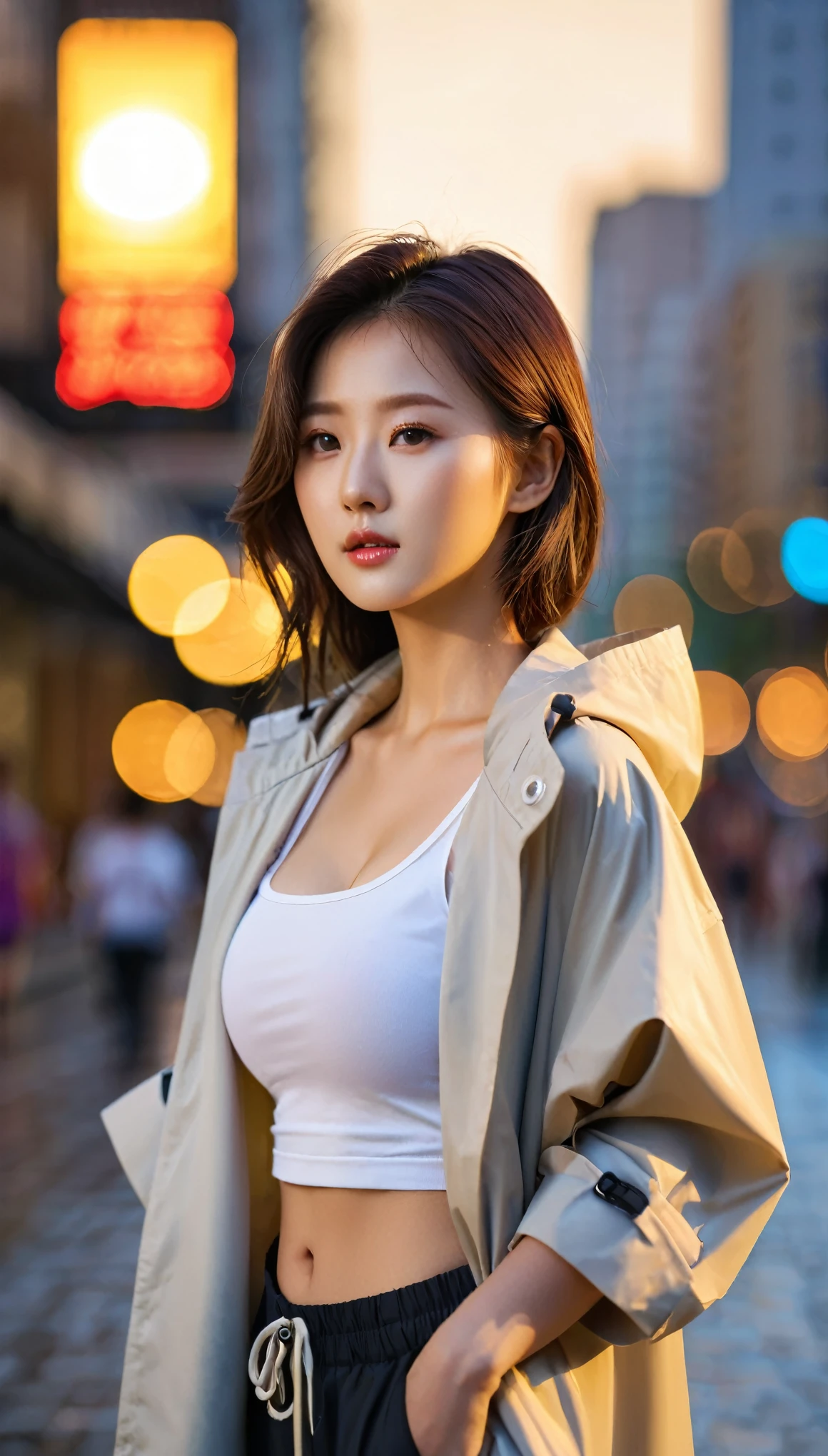 close-up of beautiful korean female, 34 inch breasts size, wearing crop tank top, and rolled sleeves unzipp raincoat, pants, in the city, sunset light, bokeh background, UHD