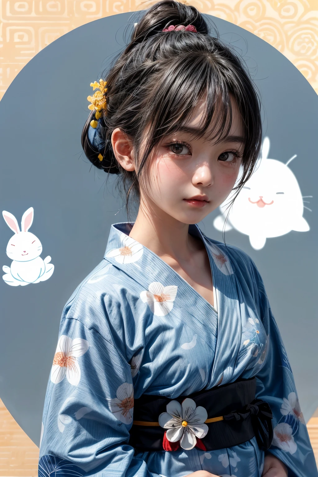 A -yeld Jaese girl wearing a yukata、On a cream background、Sky blue yukata、A yukata with a white rabbit pattern、Black hair style、The shape of Chinese characters

