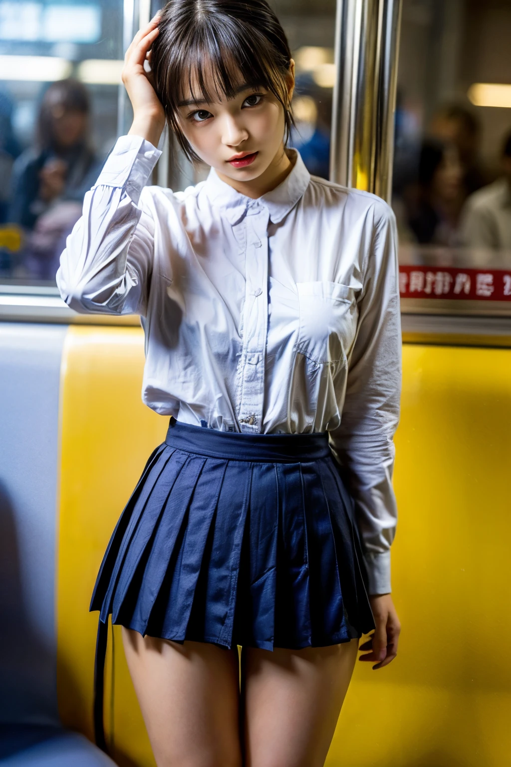 (8K、Raw photo、highest quality、masterpiece:1.2)、(realistic、Photoreal)、1 girl,(High school girl pulls up her skirt on the train and shows off your panties:1.6)、(cute face:1.3)、Japanese 1 girl,(Japan High School Girl)、(1 real high school girl)、(Japan High School Uniforms:1.6),small breasts,perfect skin,detail skin,(cute girl,short hair,Touching head with hands:1.7)