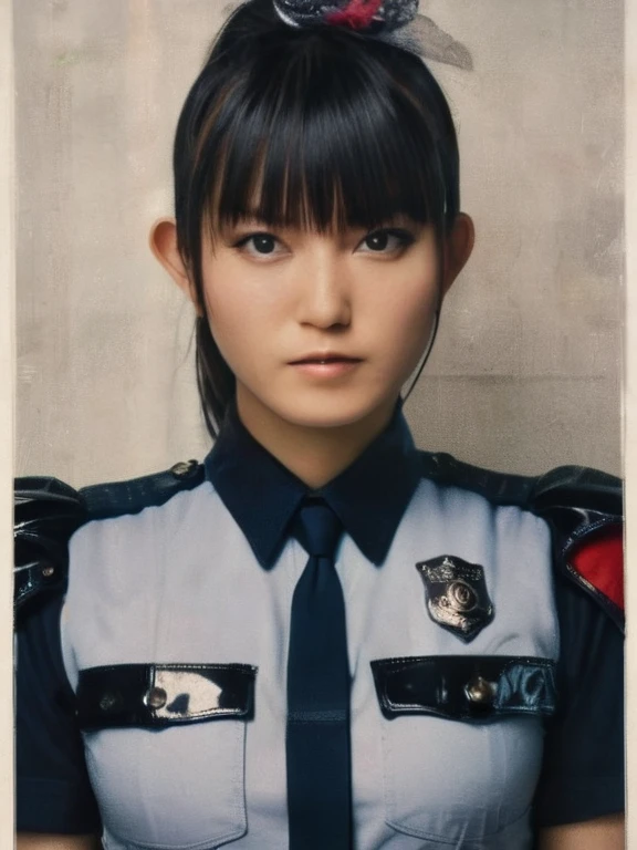 a beautiful picture of suzuka nakamoto XL, detailed skin texture,masterpiece, photorealistic, woman, 4k, backlighting, light, RAW color photo,(fully in frame:1.1), (blush:0.5), (goosebumps:0.5), wearing a (police outfit:1.3), full body view, squatting 