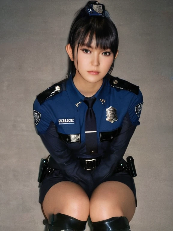 a beautiful picture of suzuka nakamoto XL, detailed skin texture,masterpiece, photorealistic, woman, 4k, backlighting, light, RAW color photo,(fully in frame:1.1), (blush:0.5), (goosebumps:0.5), wearing a (police outfit:1.3), full body view, squatting 