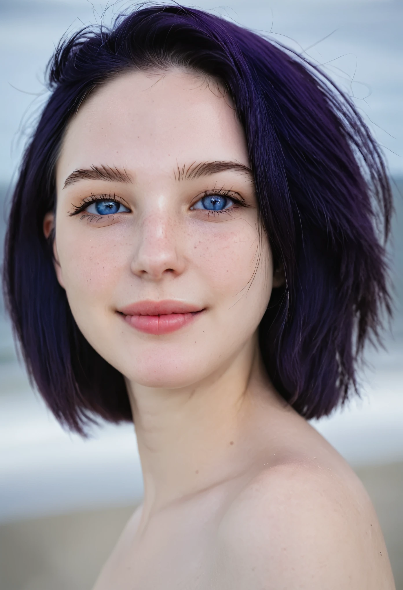 photo of the most beautiful Netherland girl, 21 years old, short dark violet hair, (freckles), upper body photo, blushing, simple look, unedited photo, feminine face, natural, unpretentious, simple style, shy smile, pale skin, correct anatomy, daylight, global illumination, very detailed skin texture, supermodel face, blue eyes, supermodel face