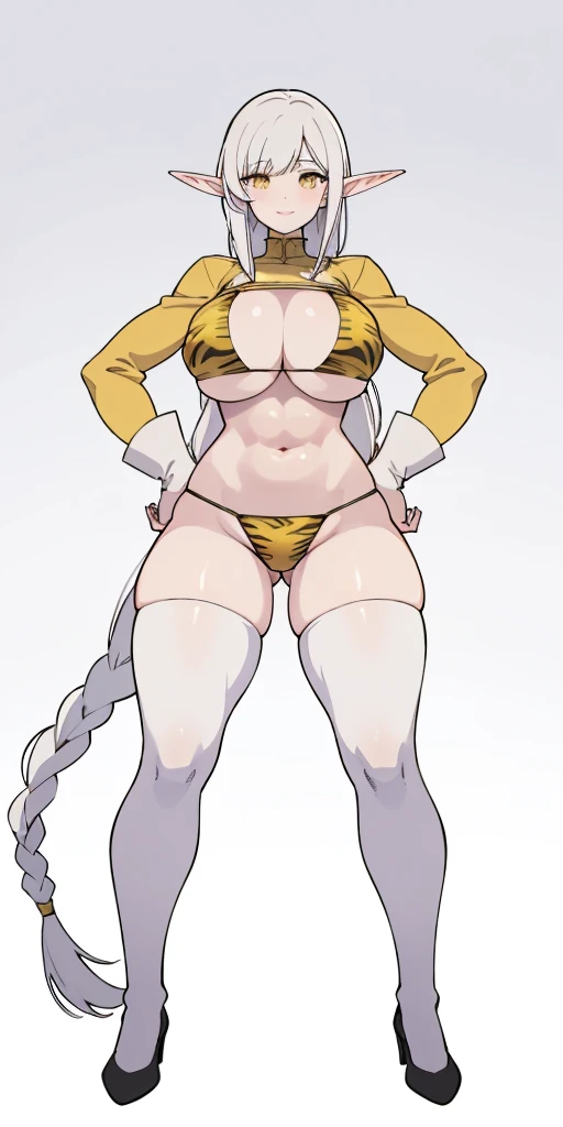 (((Plain background:1.2))) (masterpiece, high quality:1.1) 1girl solo full body height standing straight symmetrical looking to the viewer, view from below, hairstyle short bob hair cut with a braid, extra long hair, white silver hair, yellow eyes, muscular, thighs, mature woman, mummy, bellybutton, abs, smile RED CHEEKS, extremely huge breasts, maternal, porcelain skin, good face, HANDS ON HIPS (yellow tiger bikini print long sleeves and long stockings) (Pirotess (Record of Lodoss War) LORA) (dark elf dark skin)