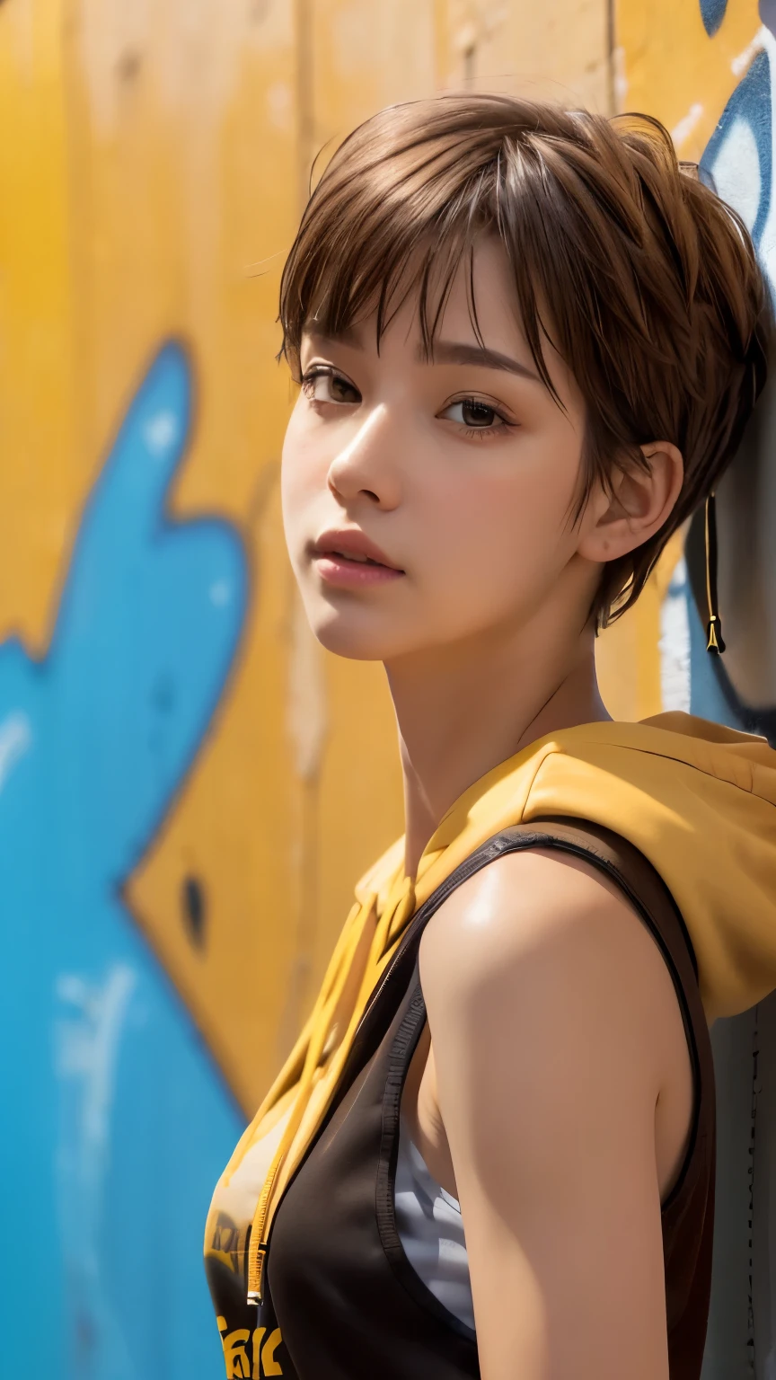 masterpiece, highest quality, Super detailed, 8k, Photorealistic, One girl, alone, Tomboy, Super detailed face, (head shot:1.5), Upper Body, Standing in front of a wall covered in hip hop graffiti, Light brown pixie cut hair, He is wearing a short black tank top and an unzipped yellow hoodie., Reach into your hoodie pocket