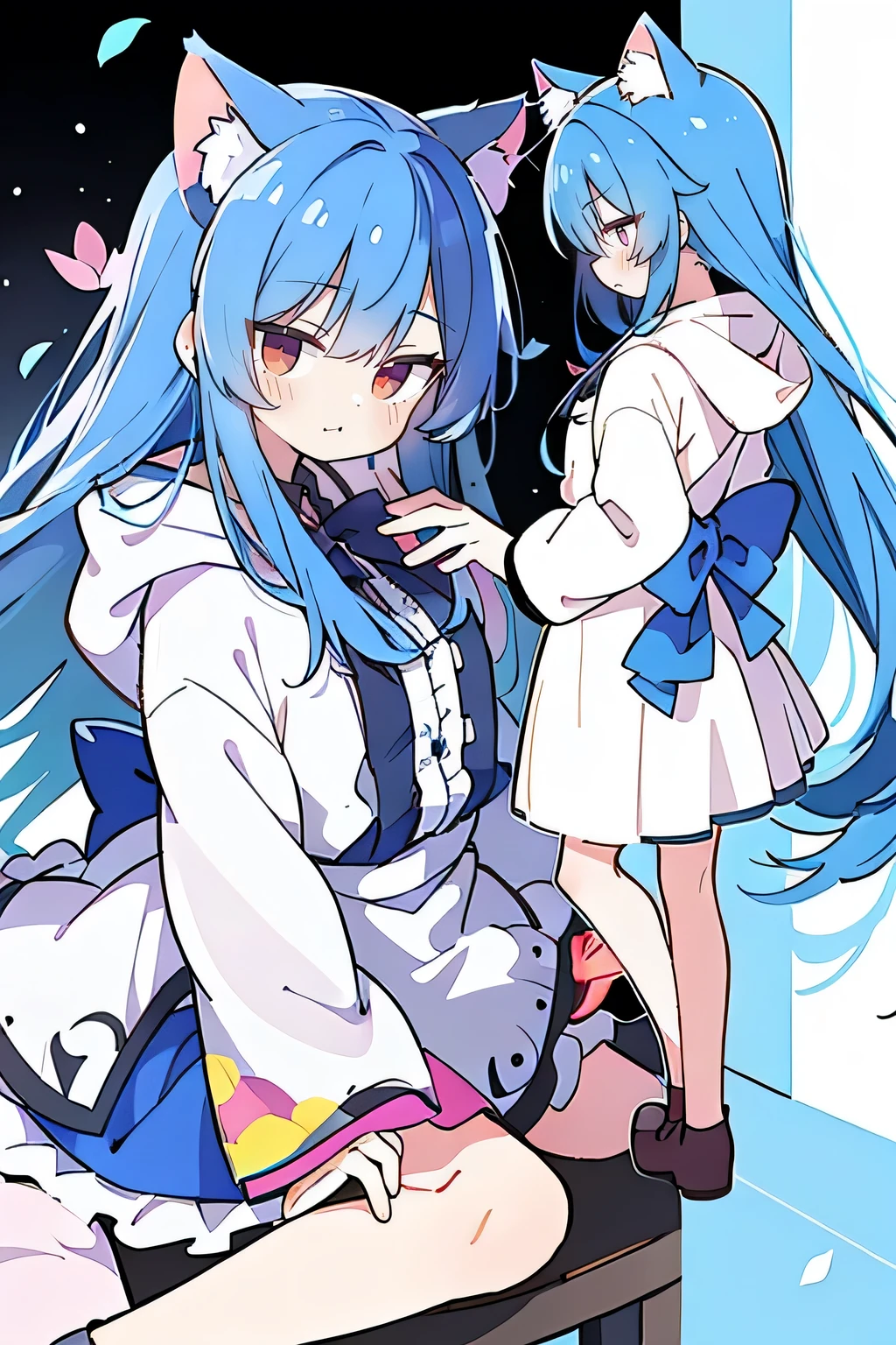 （masterpiece：1.2），Super detailed，lifelike，Expressive eyes，fair skin，perfect face shape，1 girl，
Japanese comics,Gorgeous blue hair,flowing blue hair,flowing clothes,Cat ears,Petals fall,beautiful lola,Baby Angel,
Shaking head with one hand，Cross your legs，Gentle and peaceful background，The pavilion is cool and comfortable,smile, wearing hoodie, background of tokyo,back views,snowing, winter.