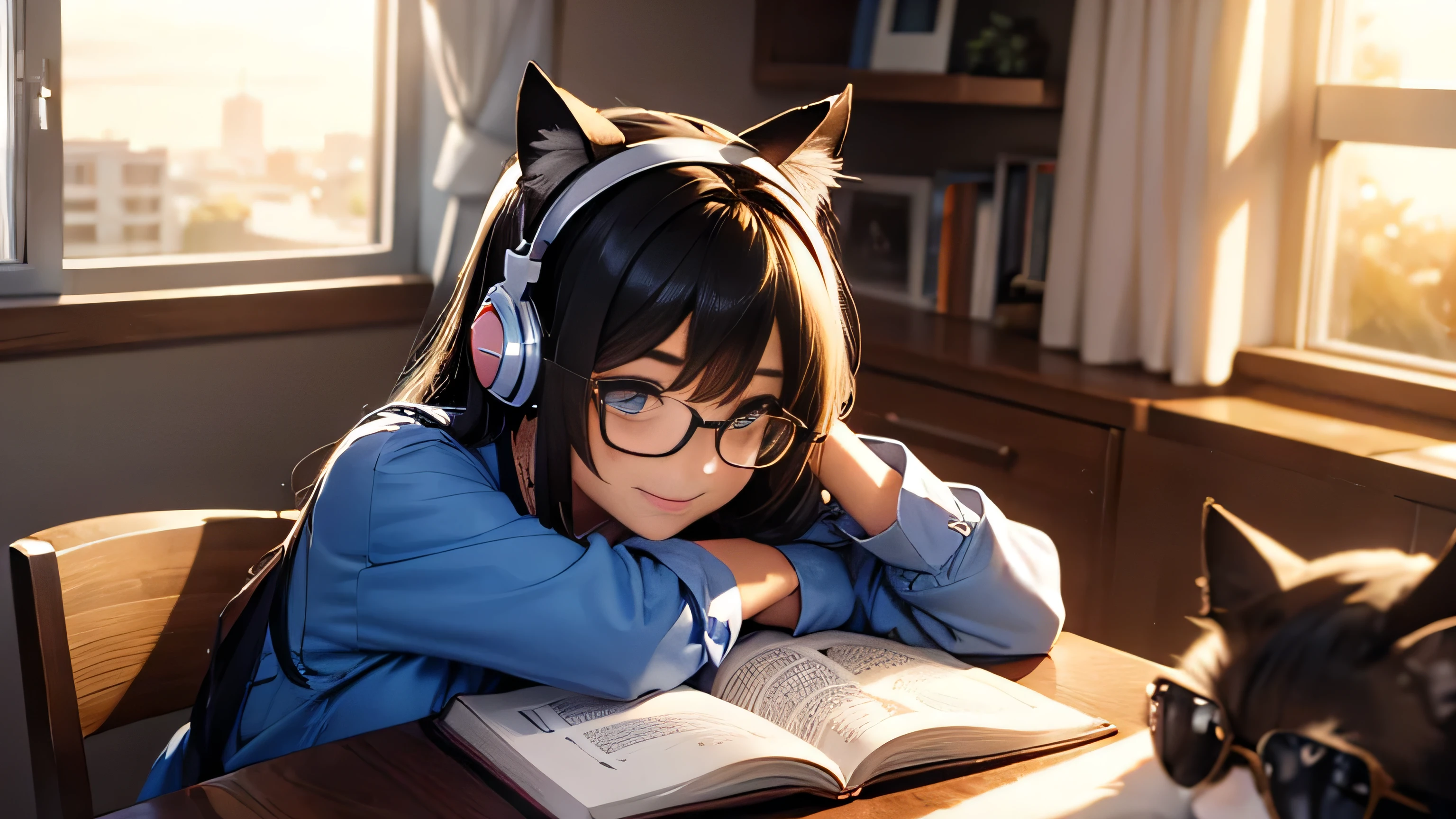 Beautiful girl with cat ears and headphones studying、indirect lighting、Stylish and cute room、Sunset shines through the window、Dress code: blue shirt、Smile、Glasses