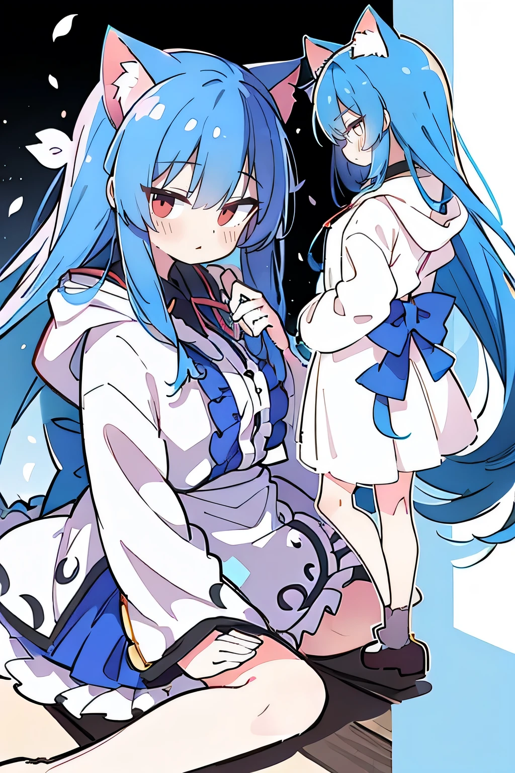 （masterpiece：1.2），Super detailed，lifelike，Expressive eyes，fair skin，perfect face shape，1 girl，
Japanese comics,Gorgeous blue hair,flowing blue hair,flowing clothes,Cat ears,Petals fall,beautiful lola,Baby Angel,
Shaking head with one hand，Cross your legs，Gentle and peaceful background，The pavilion is cool and comfortable,smile, wearing hoodie, background of tokyo,back views,snowing, winter.