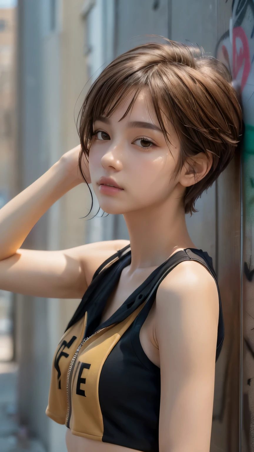 masterpiece, highest quality, Super detailed, 8k, Photorealistic, One girl, alone, Tomboy, Super detailed face, (head shot:1.5), Upper Body, Standing in front of a wall covered in hip hop graffiti, Light brown pixie cut hair, He is wearing a short black tank top and an unzipped yellow hoodie., Reach into your hoodie pocket