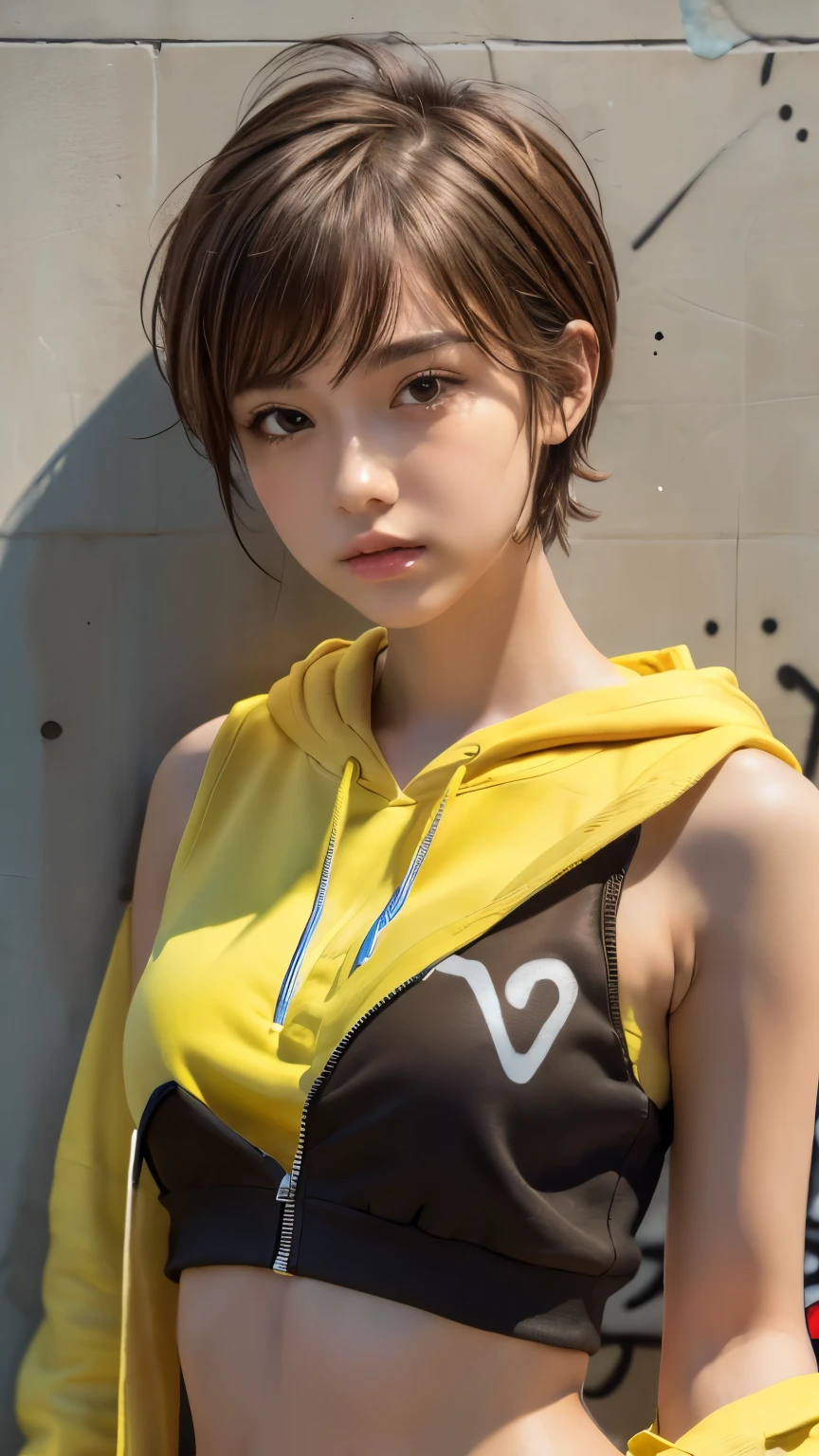 masterpiece, highest quality, Super detailed, 8k, Photorealistic, One girl, alone, Tomboy, Super detailed face, (head shot:1.5), Upper Body, Standing in front of a wall covered in hip hop graffiti, Light brown pixie cut hair, He is wearing a short black tank top and an unzipped yellow hoodie., Reach into your hoodie pocket